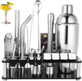 25-Piece Cocktail Shaker Set, Stainless Steel Bartender Kit with Acrylic Stand & Cocktail Recipes Booklet, Professional Bar Tools for Drink Mixing, Home, Bar, Party (Include 4 Whiskey Stones)