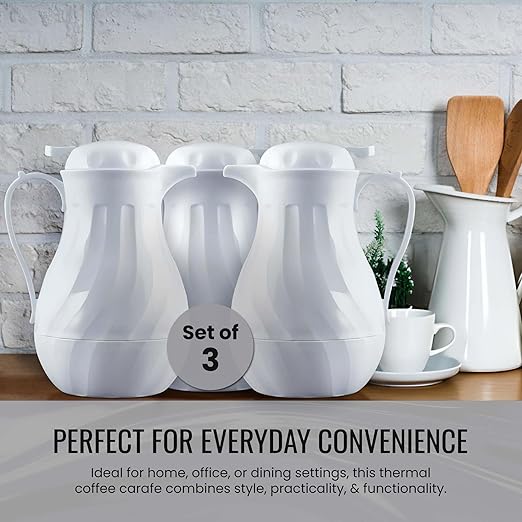 OCS Parts Set of 3 Easy Pour Thermal Coffee Carafes | 11-Inch Insulated Hot and Cold Beverage Pitcher Server for Coffee, Tea, Hot Chocolate and Water | 64-Ounce | White