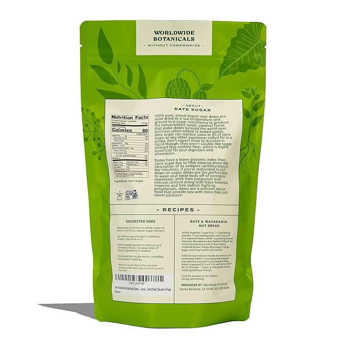 Worldwide Botanicals Date Sugar Granules, 1 lb - 100% Pure Dried Dates, Granular Grind like sugar, Natural Whole Food Sweetener For Baking, Nutrient Rich with Fiber, Gluten-Free, 16 Ounces