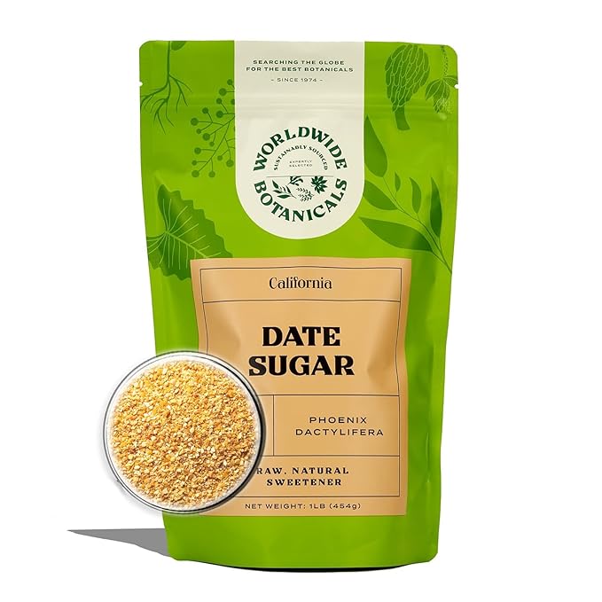 Worldwide Botanicals Date Sugar Granules, 1 lb - 100% Pure Dried Dates, Granular Grind like sugar, Natural Whole Food Sweetener For Baking, Nutrient Rich with Fiber, Gluten-Free, 16 Ounces