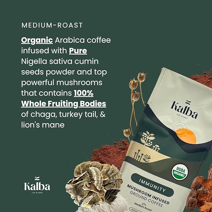 Kalba Organic Mushroom Coffee Grounds, Medium Roast 10 oz | Arabica Coffee with Lion's mane, Chaga, Turkey Tail, & Nigella Seed for Energy Boost & Immunity