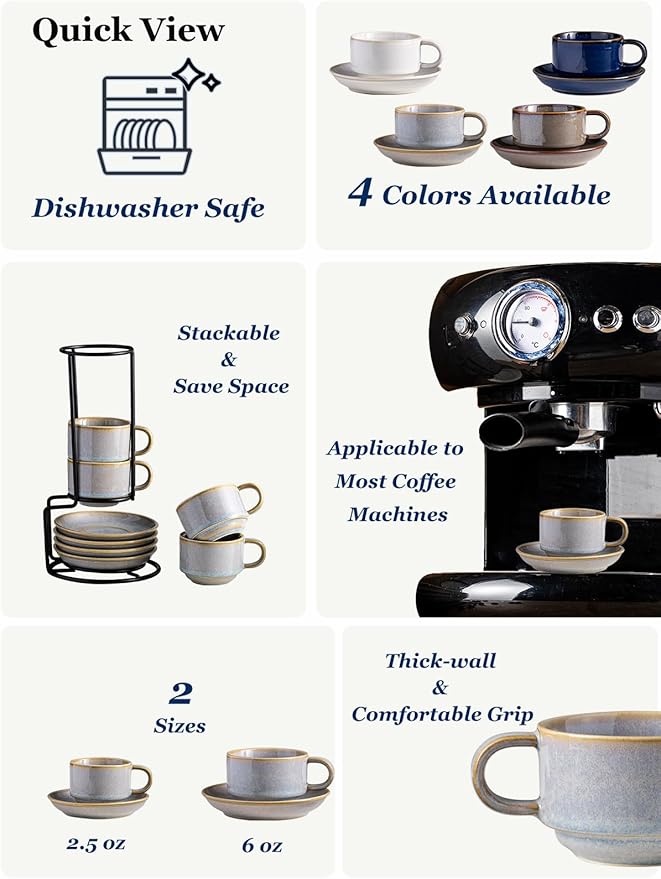 Gomakren 2.5 Ounce Espresso Cups Set of 4, Small Stackable Coffee Cups with Saucers and Metal Stand, Christmas Porcelain Demitasse Cups for Specialty Coffee Drinks, Espresso, Cappuccino, Latte, Gray