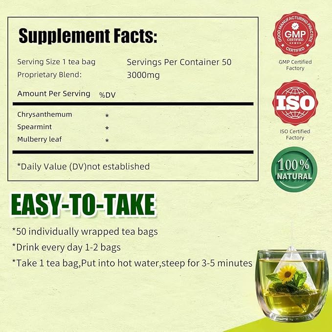 Eastrue Spearmint Tea Blend Mulberry & Chrysanthemum,50 Teabags,Supports Everyday Wellness, Healthy & Refreshing,Non-GMO,Organic,Caffeine-Free