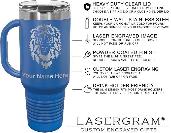 LaserGram 40oz Vacuum Insulated Travel Mug with Handle, Sushi, Personalized Engraving Included (Dark Blue)