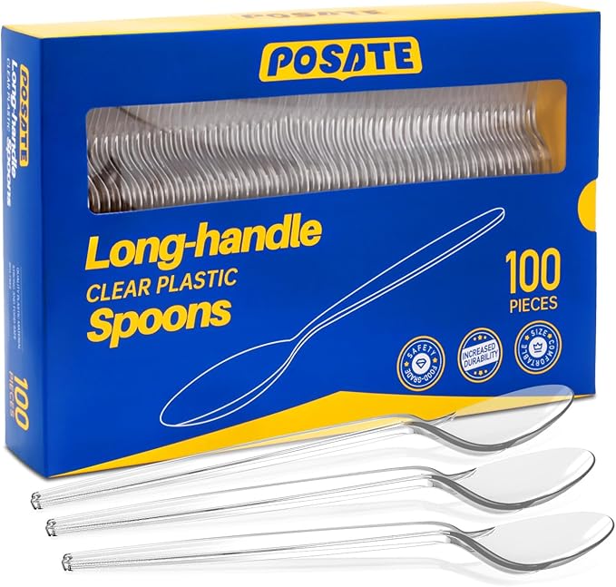 POSATE 7.1" Plastic Spoons Heavy Duty Disposable Teaspoons, Clear (100 Count)