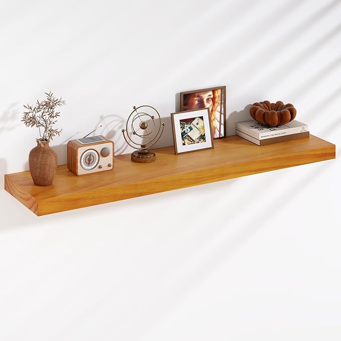 Fun Memories Floating Shelves, 9.3 Inch Deep Solid Pine Wood Wall Shelves for Storage, Rustic Wall Mounted Display Shelf with Invisible Heavy-Duty Metal Bracket, 48 Inch Width, Honey Oak