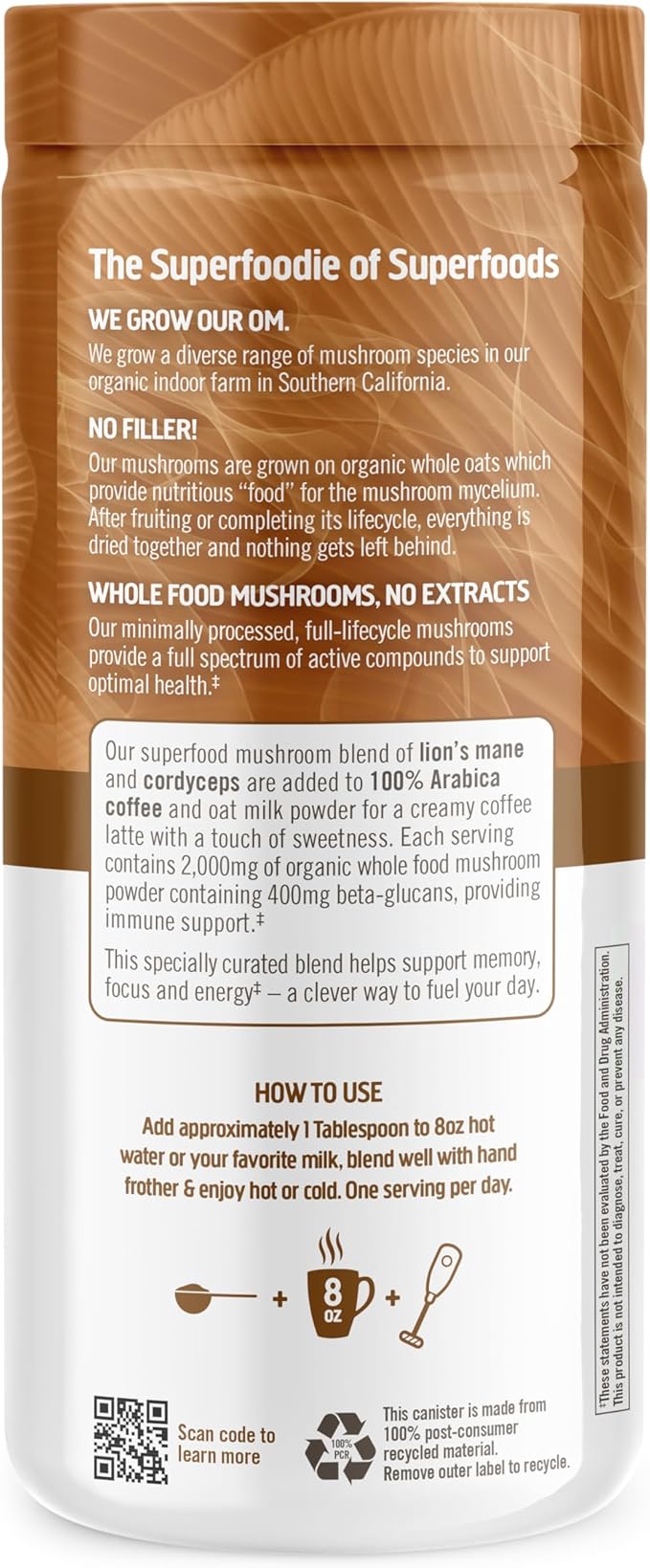 OM MUSHROOM SUPERFOOD Coffee Latte Blend – Functional Mushroom Powder with Lion’s Mane, Cordyceps, Reishi & Chaga – Energy, Focus & Mental Clarity Support – 8.47 oz Canister (30 Servings)