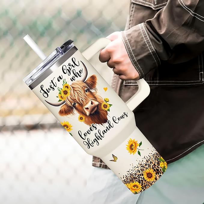 Highland Cow Gifts - Cow Gifts for Woman for Cowgirls - Birthday Gifts for Female Farmers for Cowgirl - Farming Gifts - Cowgirl 40Oz Tumbler with Handle & Straw