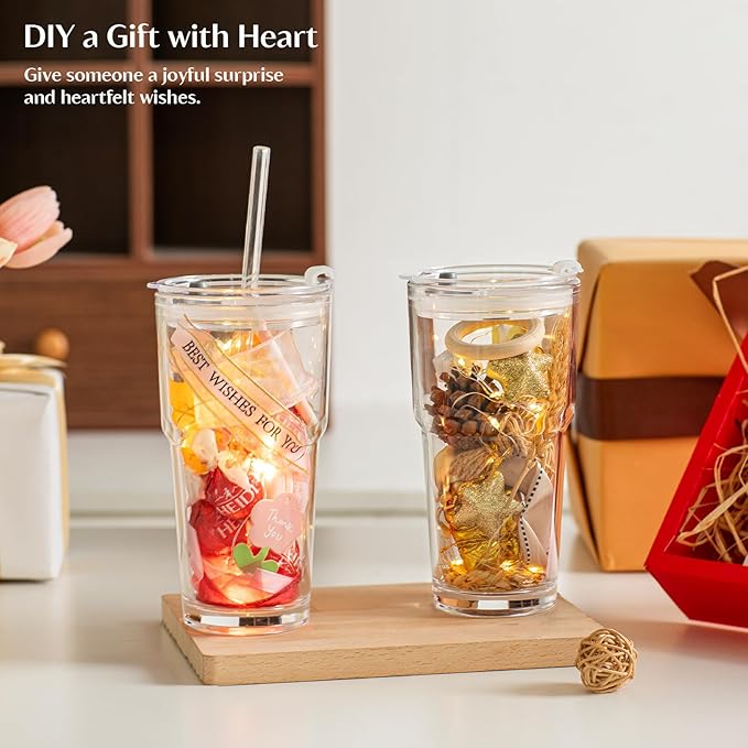 INSETLAN 20oz Clear Glass Cup with Lid and Glass Straw, Set of 2 Thickened Glass Coffee Tumblers, Drinking Glasses with Straw for Smoothie, Tea, Milk, Whiskey, Water and More – Elegant & Durable