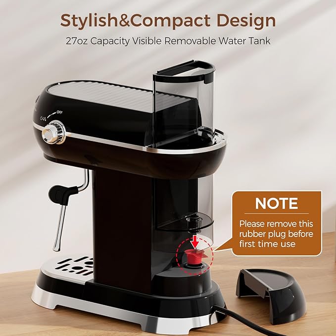 Espresso Machine with Milk Frother, 20 Bar Espresso Maker for Latte and Cappuccino, Expressions Coffee Machine with Removable Water Tank (Glossy dark)