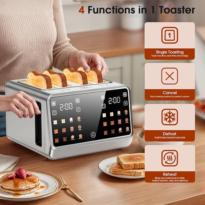 Touch Screen Toaster 4 Slice, Digital Smart Dual Control Touchscreen, Stainless Steel, 6 Toast Types & Levels include Bread, Bagel, with Defrost/Reheat/Single Slot Toasting Function