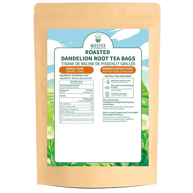WT WEETEE Roasted Dandelion Root Tea Bags, 100 Count Dandelion Tea with Light Earthy & Roasted Aroma, Natural Caffeine Free Herbal Tea, Coffee Alternatives