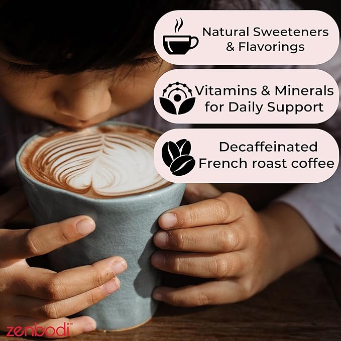 Zenbean Kids Cafe - Sugar Free Coffee & Nutrition, 99.9% Caffeine-Free, 12 Vitamins & Minerals (Calcium, Magnesium, Iron, & More), 3.4g Prebiotic Fiber, Original Latte Flavor, Makes 30 Servings