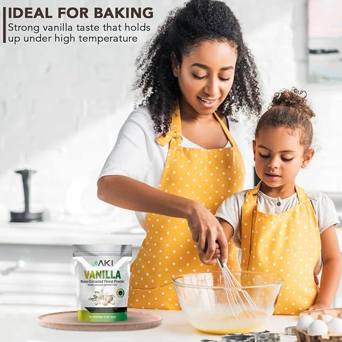 AKI Vanilla Extract Powder from Authentic Beans for Delicious Flavoring, Cooking, Baking, Drinks, Tea, Coffee, Smoothies, Cocktails - Sugar-Free & Alcohol-Free (454g/1lb)