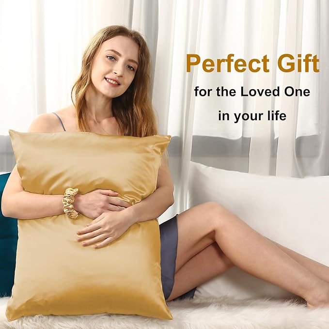 Ravmix Silk Pillow Cases with Zipper, 21momme Mulberry Silk Pillowcase for Hair Skin Health, Soft Smooth Breathable Cool Pillow Cover for Beauty Sleep with Gift Box 1PC(Queen 20"x30", Gold)
