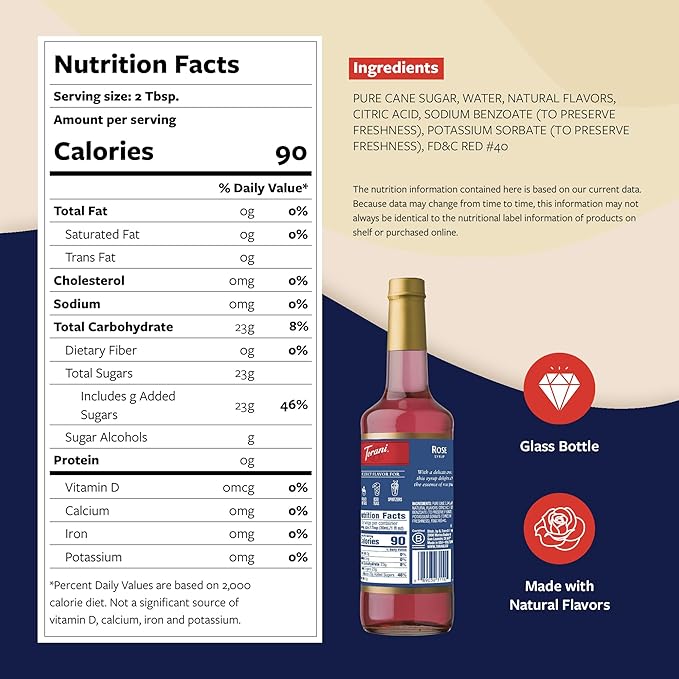 Torani Rose Syrup for Drinks, Flavoring for Tea, Lemonade, Sodas, and Cocktails, Glass Bottle with Pump Included, 25.4 Fl Oz