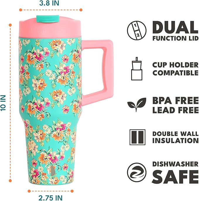 Elemental 32 oz 100% Leak Proof Tumbler with Handle & Straw - Stainless Steel Double Wall Insulated Tumbler for Hot and Cold Beverages - Travel Coffee Mug with Sip & Straw Lid - Vintage Flower