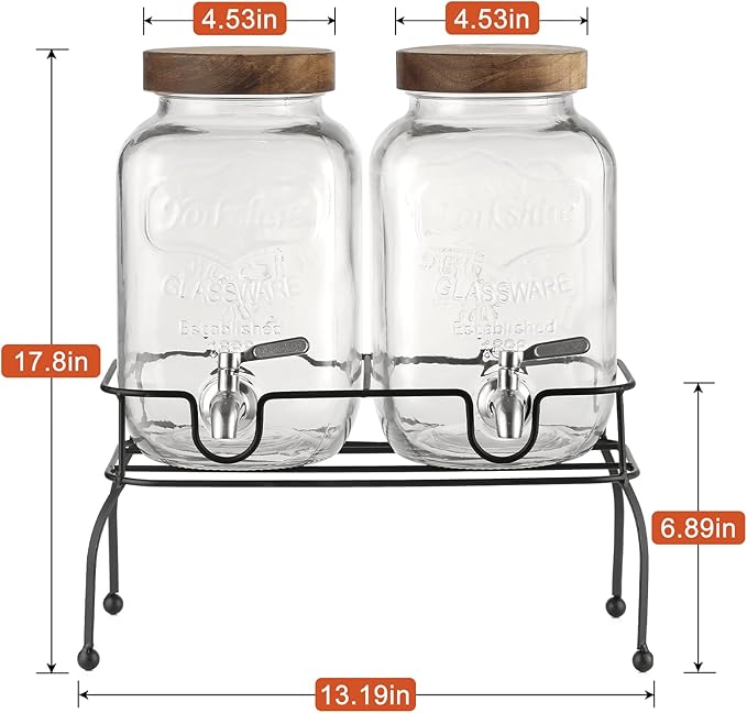 1 Gallon Glass Drink Dispenser 2 Pack - Drink Dispenser with Stand, Juice Dispenser, Drink Dispensers for Parties, Glass Water Dispenser with Stainless Steel Spigot, Lemonade Dispenser