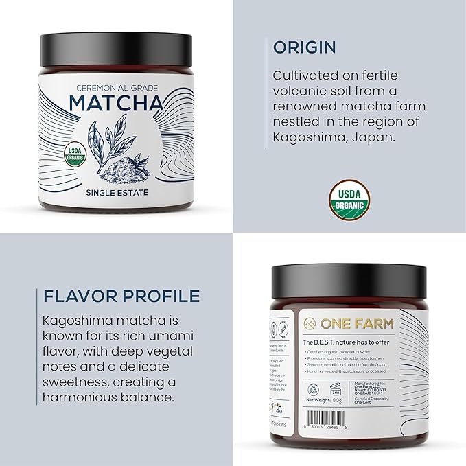 One Farm by WAAYB Organic Ceremonial Matcha Powder, 20 Servings, Single Estate Green Tea Powder, Non-GMO, Fair-Trade, Vegan, Gluten Free, Clean Energy and Focus in a Resealable Glass Jar