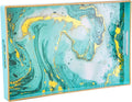 Zosenley Decorative Tray, Marbling Plastic Tray with Handles, Rectangular Vanity Tray and Serving Tray for Bathroom, Kitchen, Ottoman and Coffee Table, 15.6" x 10.2" (Golden Blue)