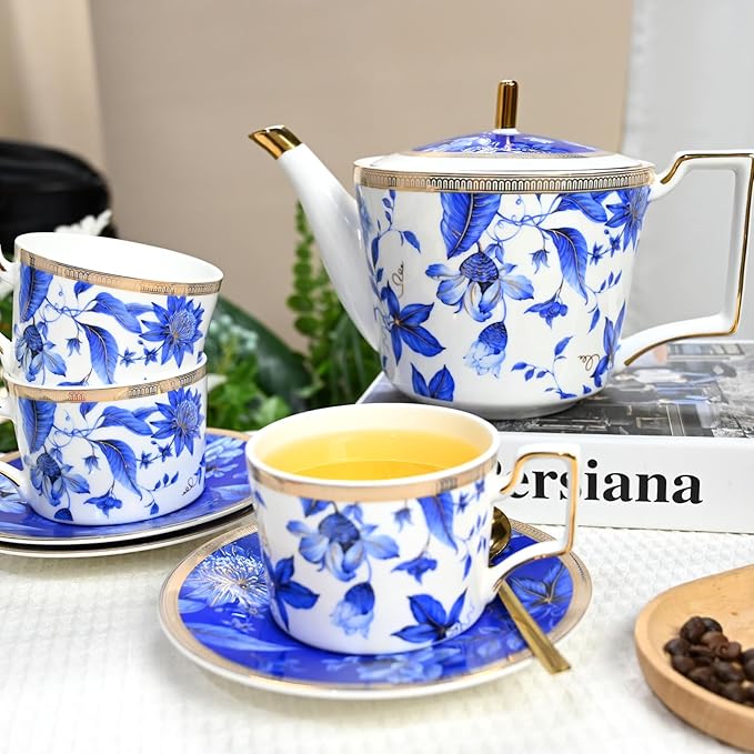 Bone China Tea Cup and Saucer Set, Bone China Coffee Cups and Saucers, Vintage Blue and White TeaCups snd Saucers Gift for Mom Friend Tea Party (dark blue)