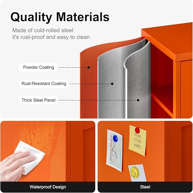 Small Bathroom Storage Cabinet, Orange Metal Locker with 2 Doors and 2 Adjustable Shelves, Small Locker Cabinet Sideboard for Home Office, Living Room, Hallway, Entryway