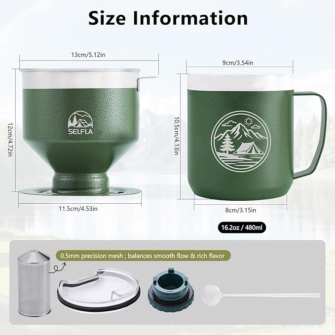 Stainless Steel Pour Over Coffee Maker Set, Outdoor Coffee Dripper, Reusable Coffee Filter&Insulated Camping Mug (16oz), for Hiking, Camping&Outdoor Adventures, Rinse-clean&Portable -Green