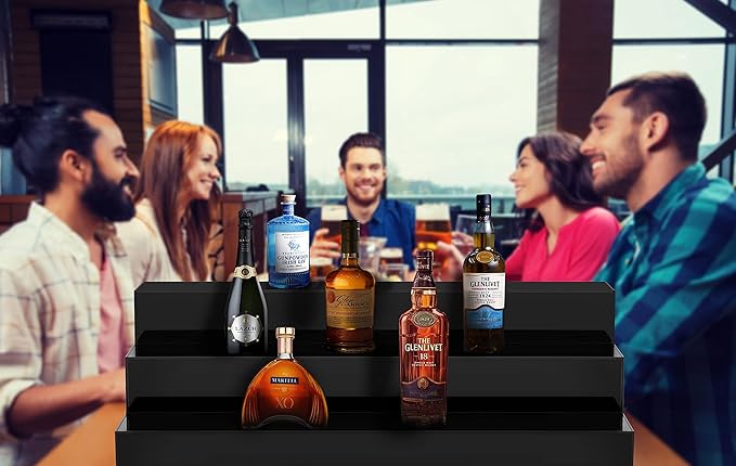 CiaoHER Large Acrylic Wine Liquor Bottle Rack 24x12.5x6.5 in 3 Tier Black Countertop Riser Display for Bar Coffee Leisure Station Retail Store Shop Grocery Collection Organizer Stand