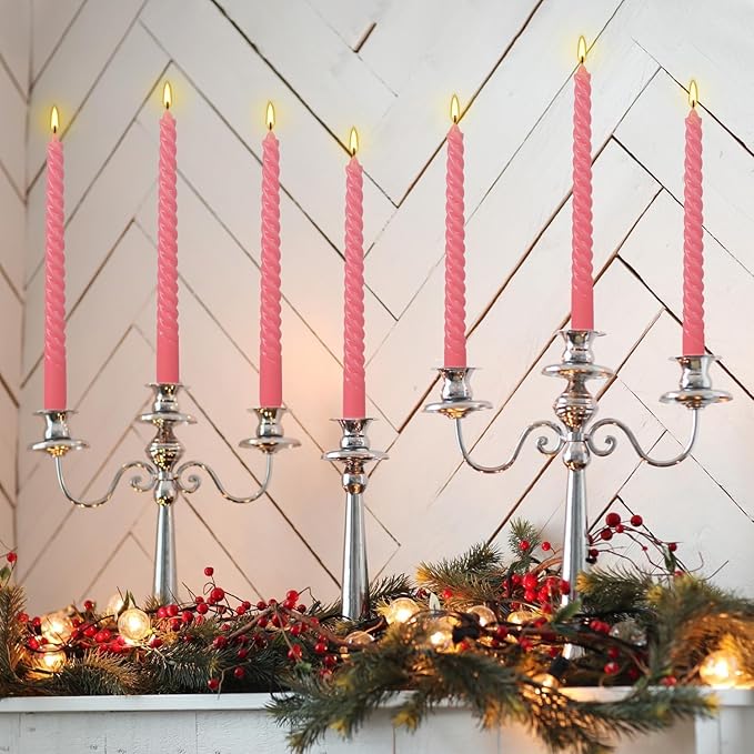 10 Inch Pink Spiral Taper Candle Set of 12 Pack Unscented Dripless Candlesticks for Valentine's Day,Dinner,Party,Brithday,Wedding,Christmas,and Home Decoration
