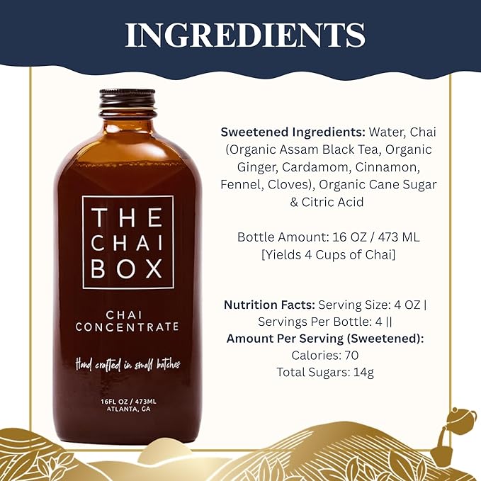 The Chai Box Sweetened Chai Tea Concentrate - Vegan, Gluten Free Chai Concentrate | 16 Ounce (Pack of 2) | Hot or Iced Black Tea Concentrate, Small Batch with Whole, Premium Spices