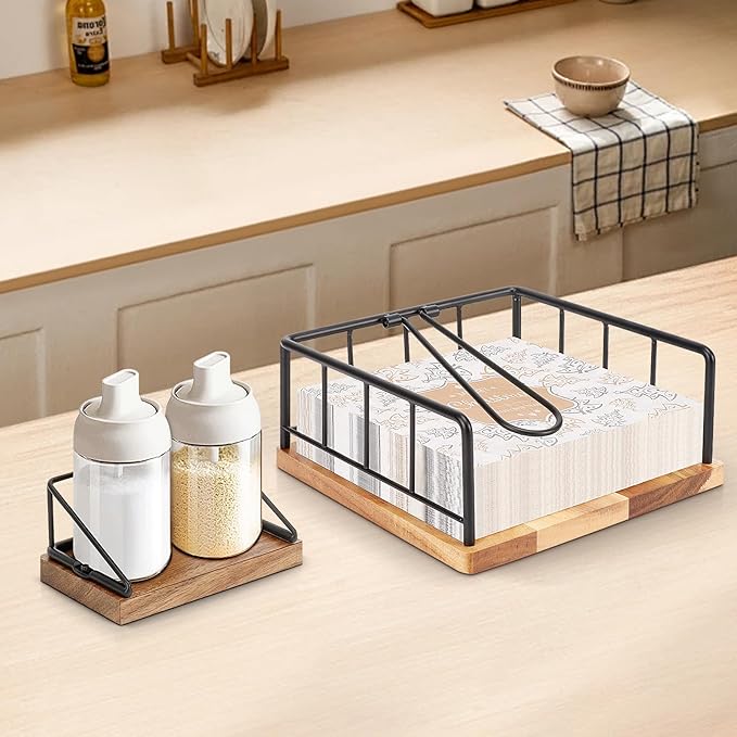 Livabber Flat Napkin Holder, Metal Kitchen Napkin Storage with Weighted Tension Arm Rustic Tissue Paper Dispenser for Countertop, Table Kitchen, Dining Room (with Wooden Base, Black Napkin Holder Set)