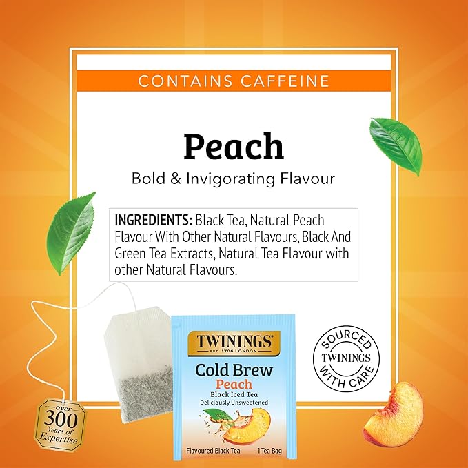 Twinings Peach Cold Brew Iced Tea Bags, 20 Count (Pack of 2), Unsweetened Flavoured Black Tea, Caffeinated, 20 Teabags