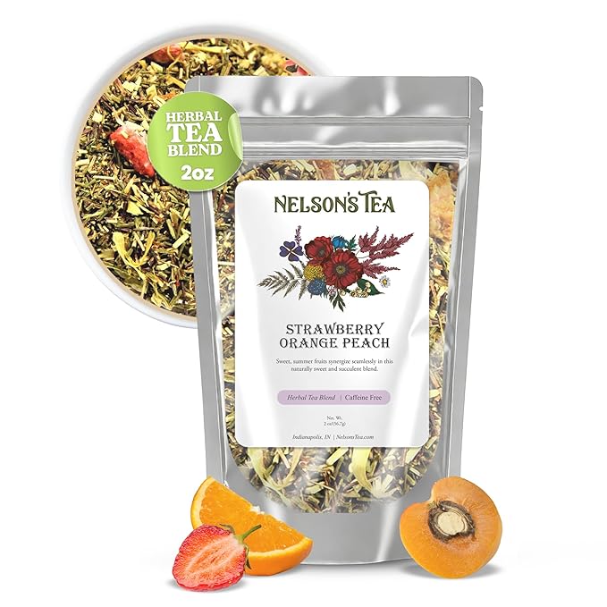 Nelson's Tea Strawberry Orange Peach - Caffeine Free Herbal Rooibos Loose Leaf Tea - Irresistable Blend of Green Rooibos, Orange Peel, Marigold and Strawberries - Fruit Loose Leaf (2 oz)