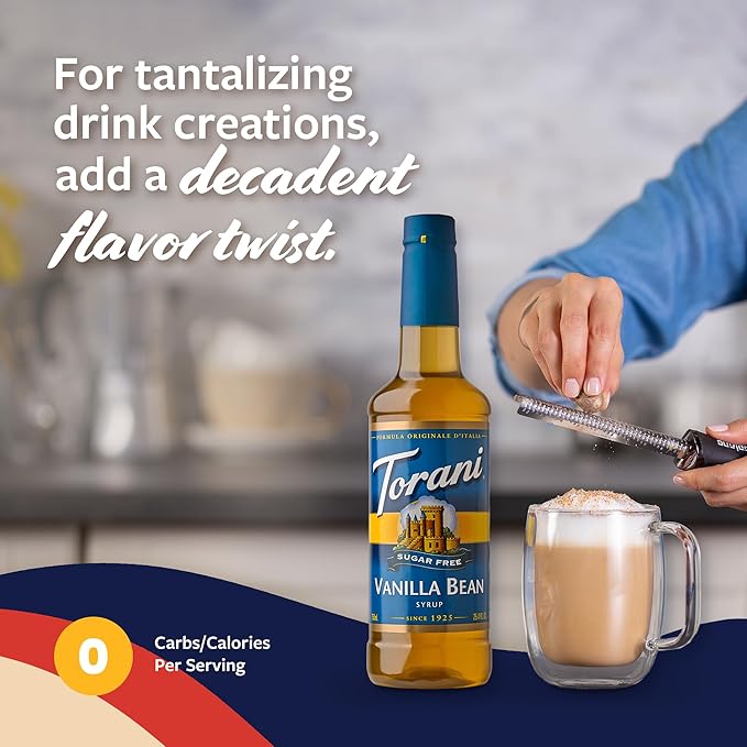 Torani Sugar Free Coffee Syrup, Vanilla Bean Flavoring for Drinks, Zero Calorie, Pump Included, 25.4 Fl Oz