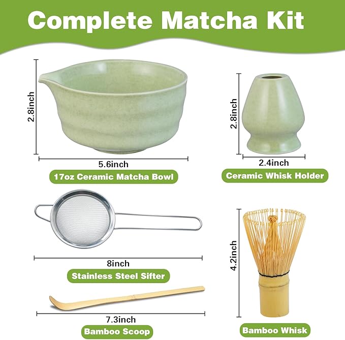 Matcha Whisk Set, Premium Ceramic Bowl with Spout, Bamboo Whisk, Chasen Holder, Sifter, Scoop, Complete Tea Making Kit for Matcha Lovers Christmas, Beginner Starter Set Matcha Tea Gift Green