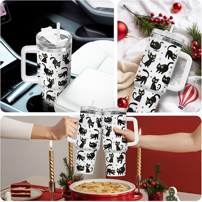 34HD Black Cat Coffee Tumbler with Handle and Straw, 40oz Stainless Steel Insulated Kitty Mug with Lid, Cute Pet Gifts for Women Men on Birthday Mothers Day Halloween Christmas