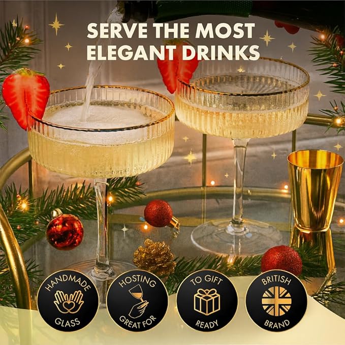VEMACITY - Ribbed Espresso Martini Glasses Set of 4 with Gold Rims - Vintage Cocktail Glasses for Margaritas, Champagne and More - Includes Jigger & Bar Spoon | Ideal for Christmas & New Years
