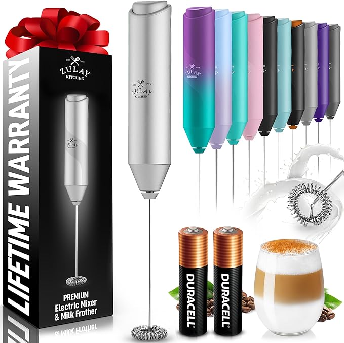 Zulay Kitchen Milk Frother Handheld with 2 Duracell AA Batteries – Electric Drink Mixer for Coffee, Lattes, Cappuccinos, Matcha & Hot Chocolate – Portable Foam Maker & Coffee Bar Accessory