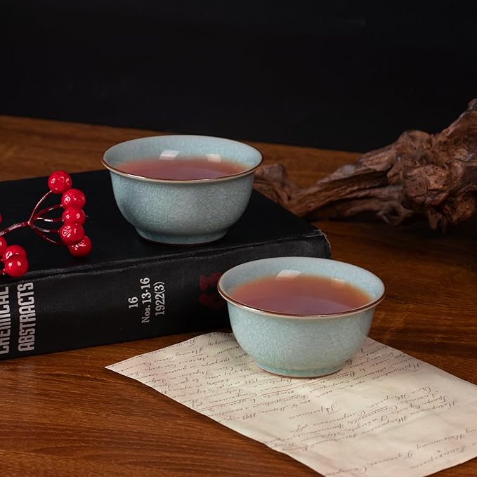 KAMMAK Tea Cup Set of 2 Porcelain Small Tea Cups 2oz Japanese Tea Cup, Asian Handmade Ceramic Teacups for Home, Party, Office, Chinese Kung Fu Tea Set for Hot/Cold Drink (Bell-Ice Crackle Glaze)
