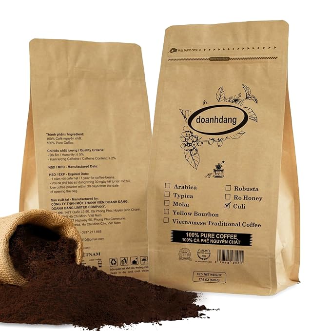 doanhdang - 17.6 Oz Premium Culi Ground Bean Coffee, 100% Culi Peaberry Medium Roast, Rich Flavor for Espresso Shot and Brew, Origin from Vietnam, Ground Med Roast Beans