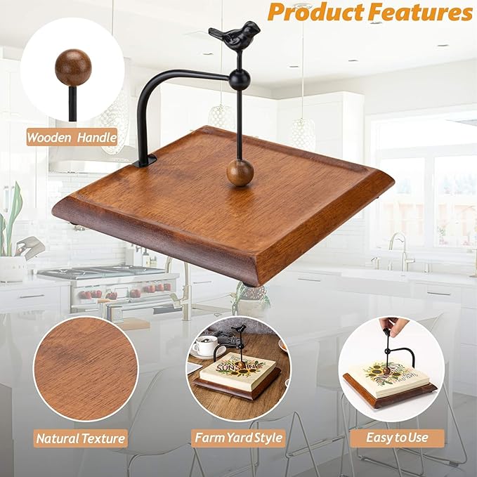 Wooden Napkin Holder for Table, Napkin Holders for Paper Napkins, Wooden Flat Napkin Holder with Bird-shaped Handle, Rustic Kitchen Decor for Counter, Ideal Napkin Dispenser for Dining Countertops