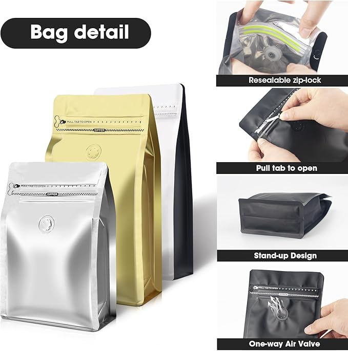 Coffee Bags with Valve(60pcs,16 oz,1 lb) Vented Coffee Beans Packaging Bags High Barrier Aluminumed Foil Flat Bottom Heat Sealed Side Zipper Resealable Storage Bag for Home or Business（Gold）
