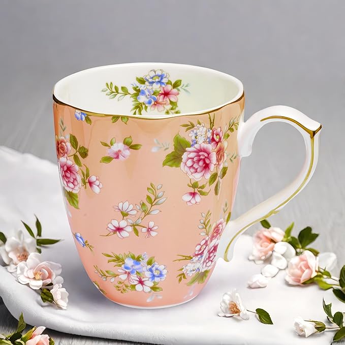 13oz Bone China Floral Mug with Gold Bone China Coffee Mugs Bone Teacup Christmas Mugs Birthday Gifts for Women Mom Friends Coworker