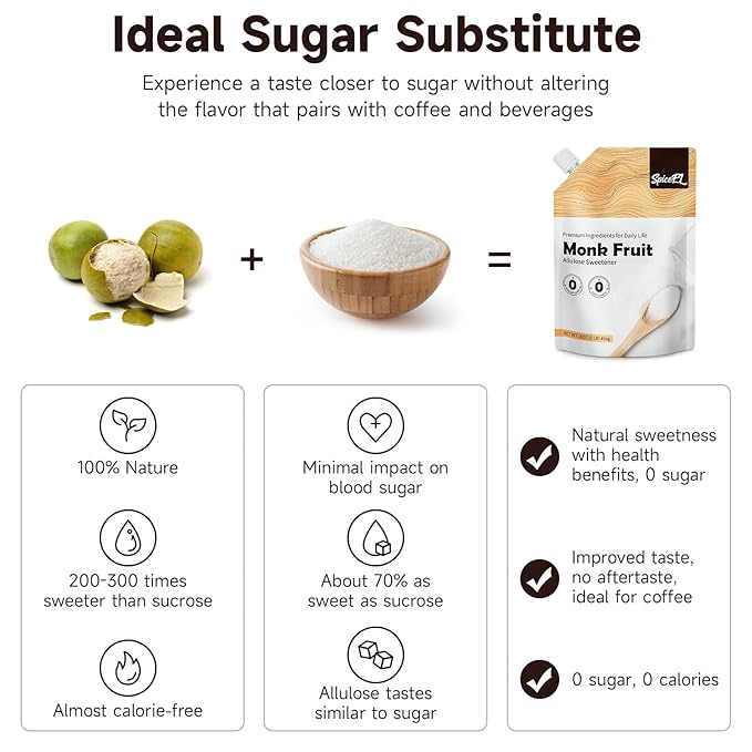 SPICEEL Monk Fruit Sweetener with Allulose - White Sugar Substitute, Coffee, Tea, without Erythritol, Gluten Free, Vegan, Keto Friendly, Sugar Replacement (8 oz)