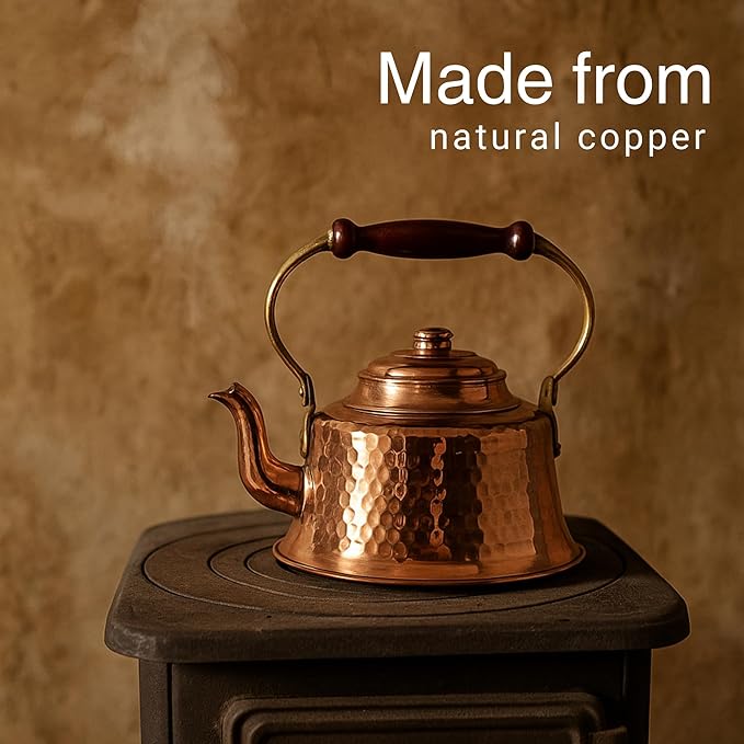 Handcrafted Turkish Copper Teapot with Wooden Handle – 1.3L Hammered Traditional Kettle for Tea, Herbal Infusions, Decorative Use (Maras Teapot)