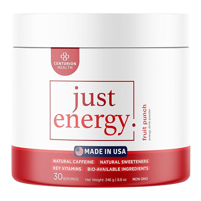 Just Energy Drink Powder, Refreshing Fruit Punch Energy Drink Mix with 21 Energy-Boosting Ingredients, Includes B Vitamins, Choline, Zinc, Chromium and Inositol, 30 Servings