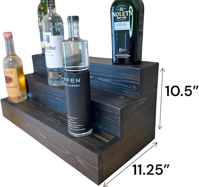 Handmade Tiered Display Shelving - Three Tier Bar Display - Bar Organizer - Liquor Bottle Display (24" with Back, Black)