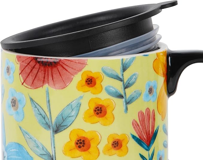 DUSVALLY Ceramic Coffee Mug Travel Cup Gift with Lid 17oz, Tea Cup with Handle for Latte, Cappuccino and Cocoa, Home and Office Porcelain Coffee Cups, Green Flower