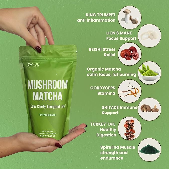 SAYUU Mushroom Matcha Coffee Powder – Instant coffee Blend with Functional Mushrooms for Calm Focus, Stamina, and Immune Support - 30 Servings