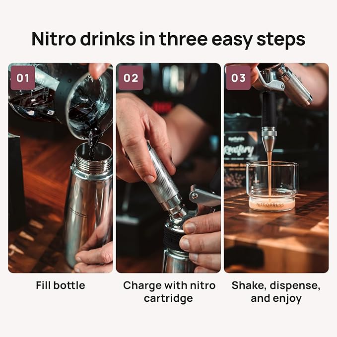Original NitroPress - Nitro Cold Brew Coffee Maker | Portable Nitrogen Infuser for Smooth Nitro Drinks, Cold Brew, Cocktails & Tea at Home or On the Go | Uses N2 Cartridges | Stainless Steel Design